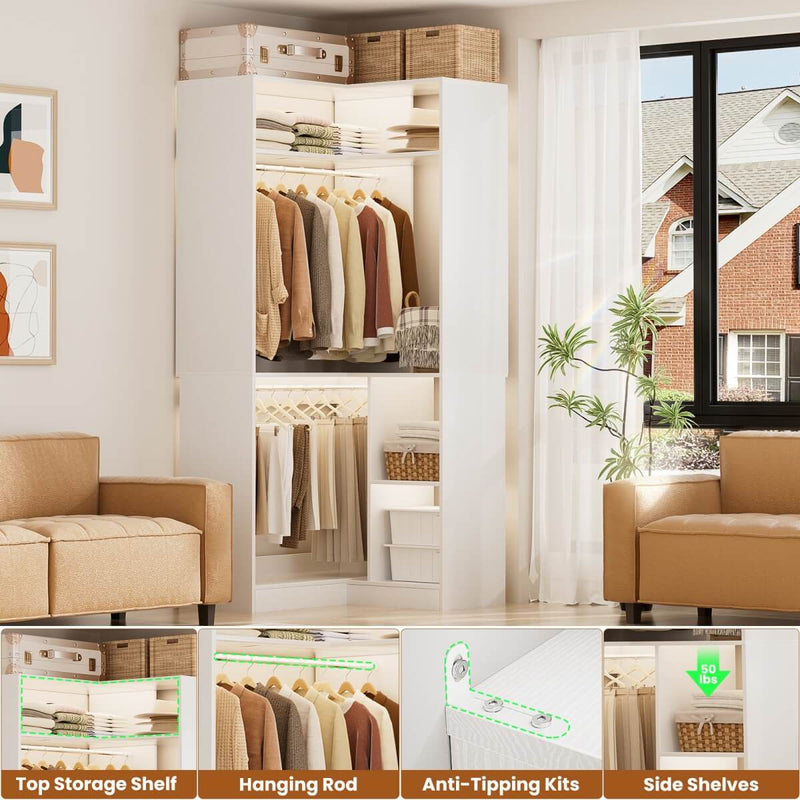 34'' Freestanding Corner Closet System with 2 Hanging Rods & Open Storage Shelves