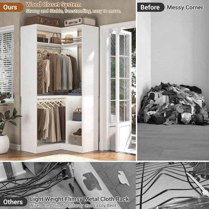 34'' Freestanding Corner Closet System with 2 Hanging Rods & Open Storage Shelves