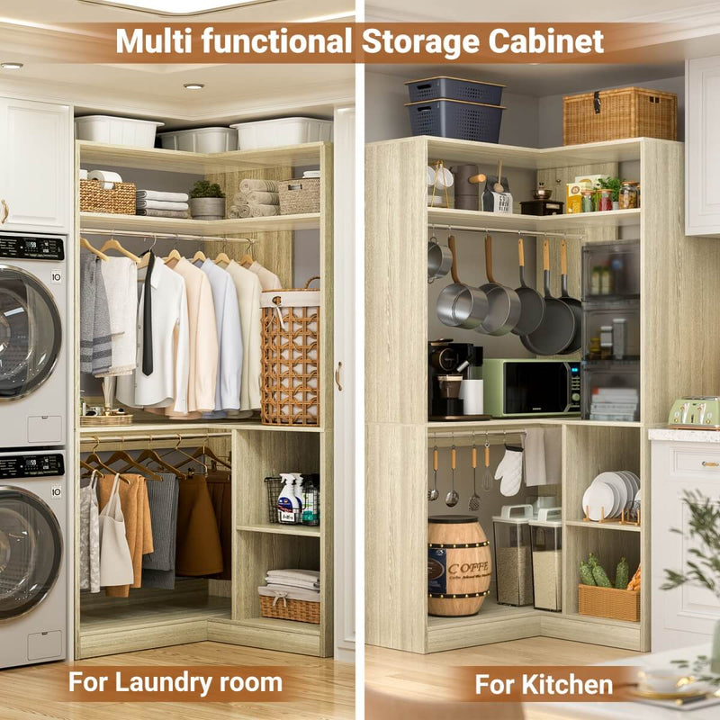 34'' Freestanding Corner Closet System with 2 Hanging Rods & Open Storage Shelves