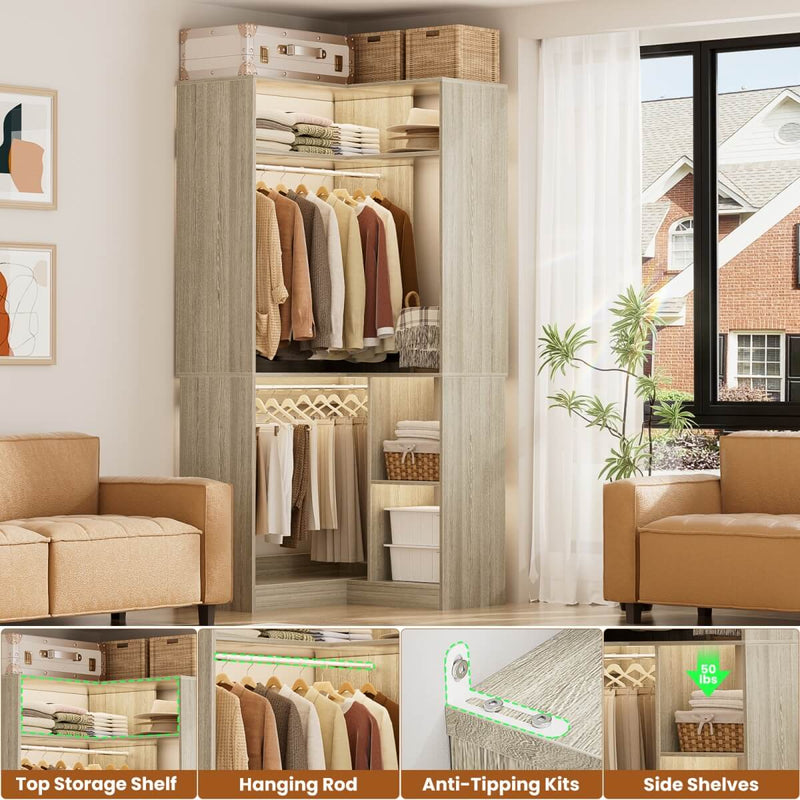 34'' Freestanding Corner Closet System with 2 Hanging Rods & Open Storage Shelves