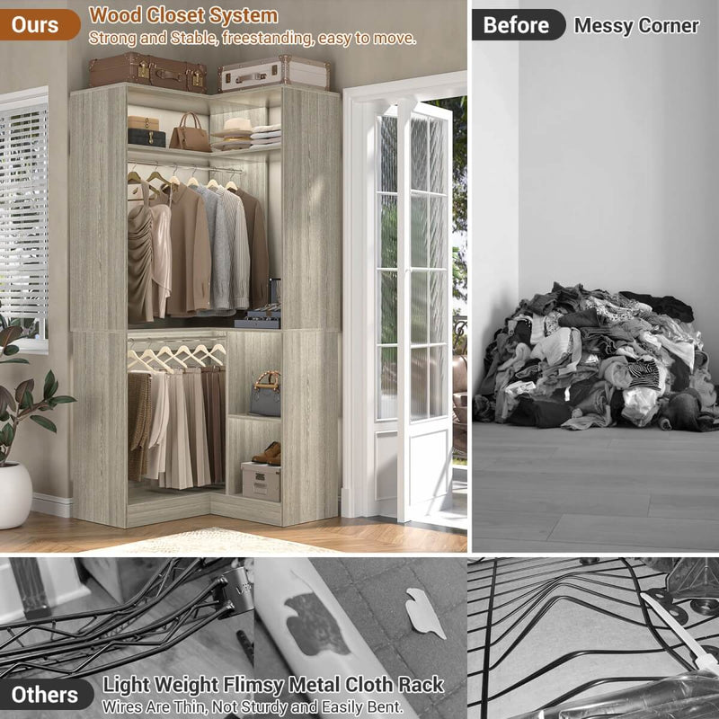 34'' Freestanding Corner Closet System with 2 Hanging Rods & Open Storage Shelves