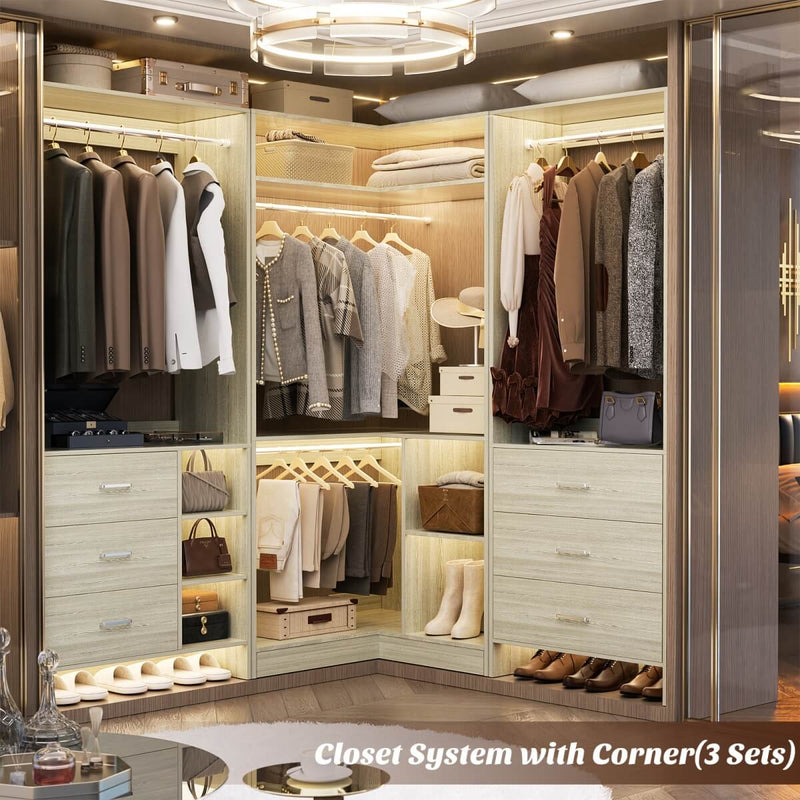 34'' Freestanding Corner Closet System with 2 Hanging Rods & Open Storage Shelves