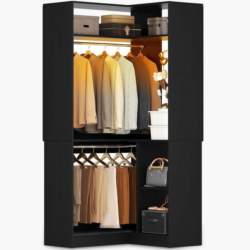 Corner Closet System With Shelves,LED Ligjt, 34'' Organizer With Hanging Rods, Wood Walk-in for Small Space, Freestanding Tower, L Shaped Garment Rack