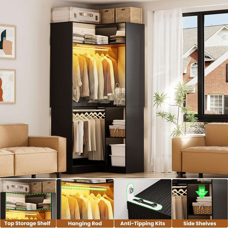 Corner Closet System With Shelves,LED Ligjt, 34'' Organizer With Hanging Rods, Wood Walk-in for Small Space, Freestanding Tower, L Shaped Garment Rack