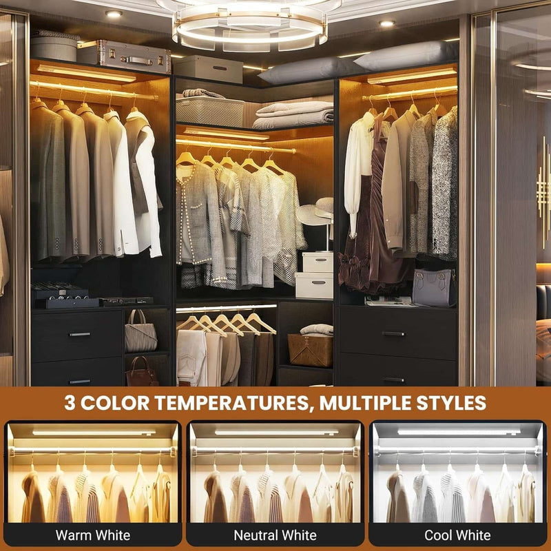 Corner Closet System With Shelves,LED Ligjt, 34'' Organizer With Hanging Rods, Wood Walk-in for Small Space, Freestanding Tower, L Shaped Garment Rack
