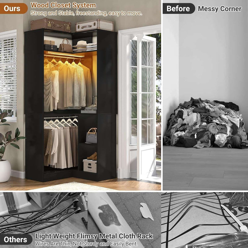 Corner Closet System With Shelves,LED Ligjt, 34'' Organizer With Hanging Rods, Wood Walk-in for Small Space, Freestanding Tower, L Shaped Garment Rack