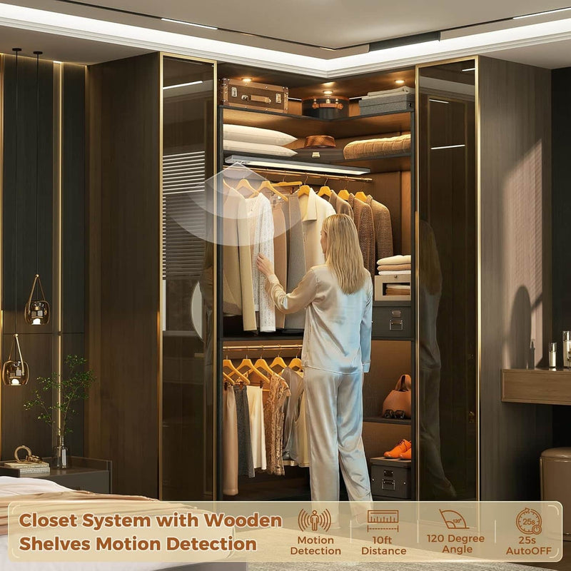 Corner Closet System With Shelves,LED Ligjt, 34'' Organizer With Hanging Rods, Wood Walk-in for Small Space, Freestanding Tower, L Shaped Garment Rack