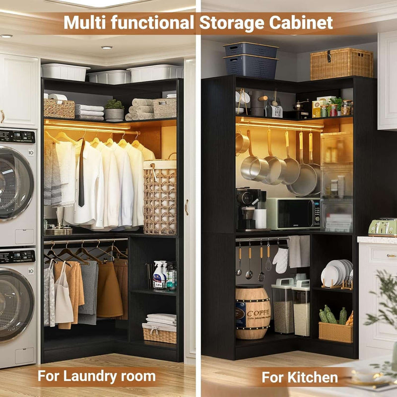 Corner Closet System With Shelves,LED Ligjt, 34'' Organizer With Hanging Rods, Wood Walk-in for Small Space, Freestanding Tower, L Shaped Garment Rack