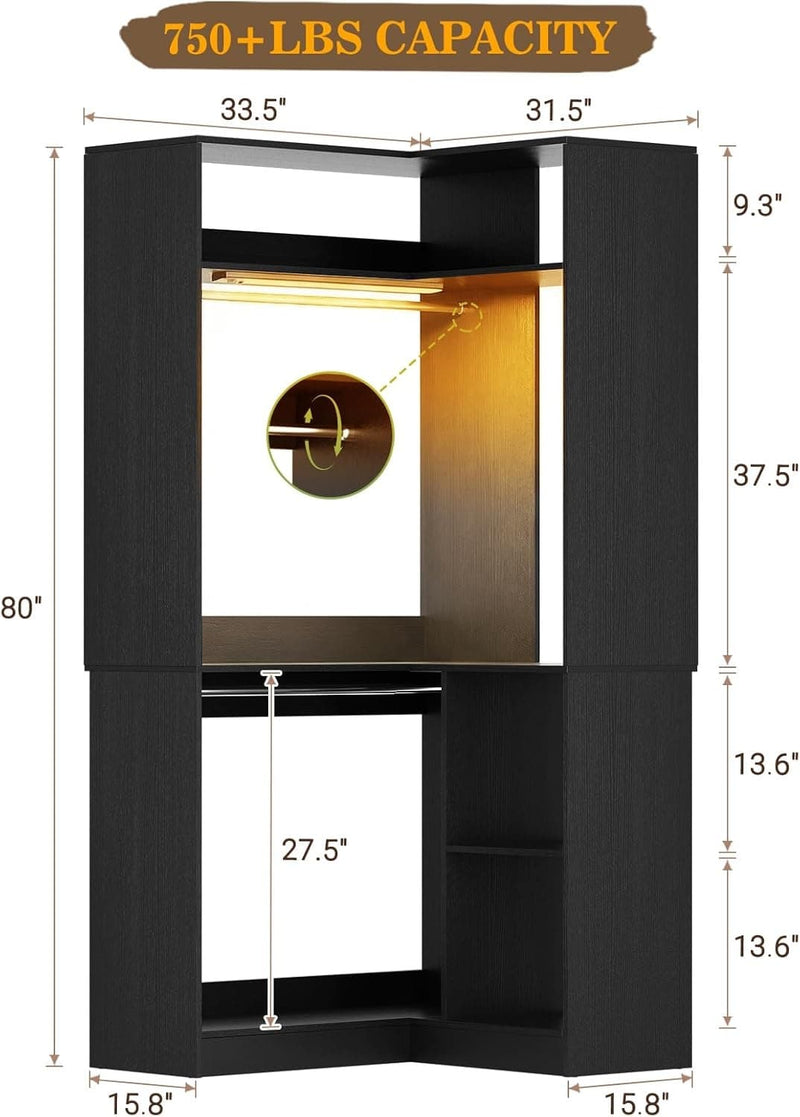 Corner Closet System With Shelves,LED Ligjt, 34'' Organizer With Hanging Rods, Wood Walk-in for Small Space, Freestanding Tower, L Shaped Garment Rack