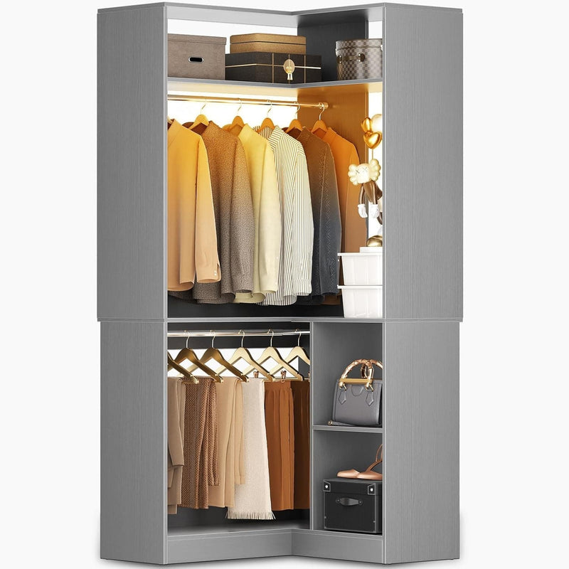 Corner Closet System With Shelves,LED Ligjt, 34'' Organizer With Hanging Rods, Wood Walk-in for Small Space, Freestanding Tower, L Shaped Garment Rack