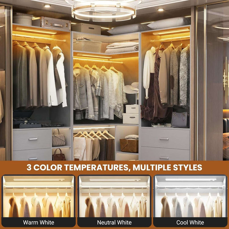 Corner Closet System With Shelves,LED Ligjt, 34'' Organizer With Hanging Rods, Wood Walk-in for Small Space, Freestanding Tower, L Shaped Garment Rack