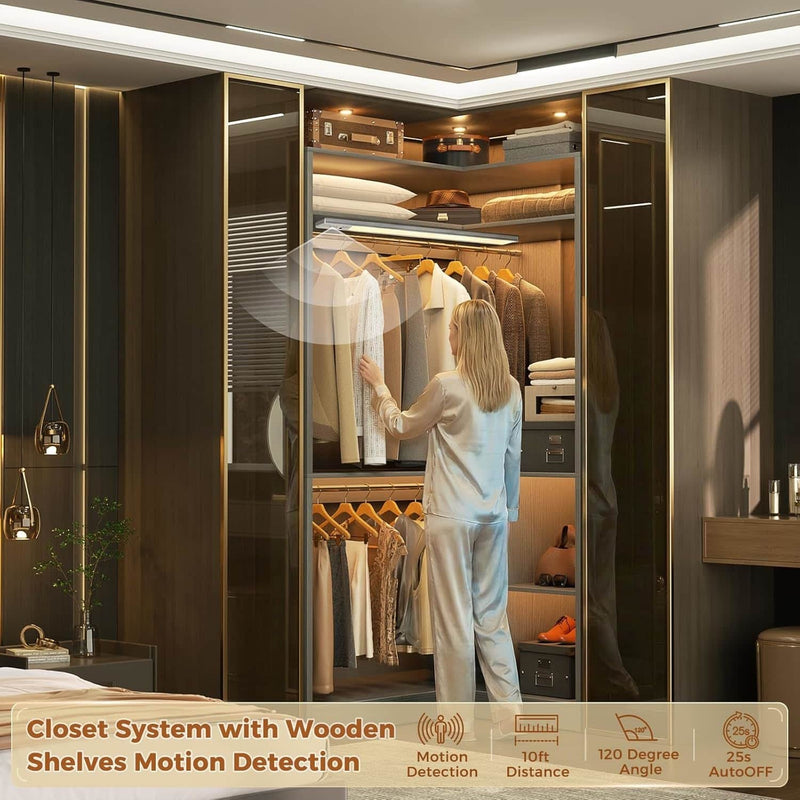 Corner Closet System With Shelves,LED Ligjt, 34'' Organizer With Hanging Rods, Wood Walk-in for Small Space, Freestanding Tower, L Shaped Garment Rack