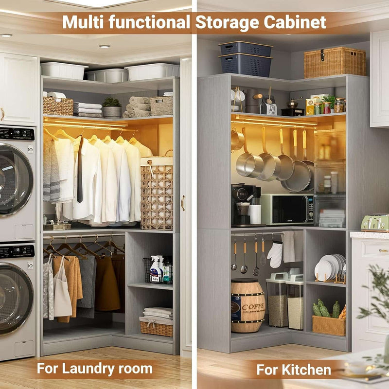 Corner Closet System With Shelves,LED Ligjt, 34'' Organizer With Hanging Rods, Wood Walk-in for Small Space, Freestanding Tower, L Shaped Garment Rack
