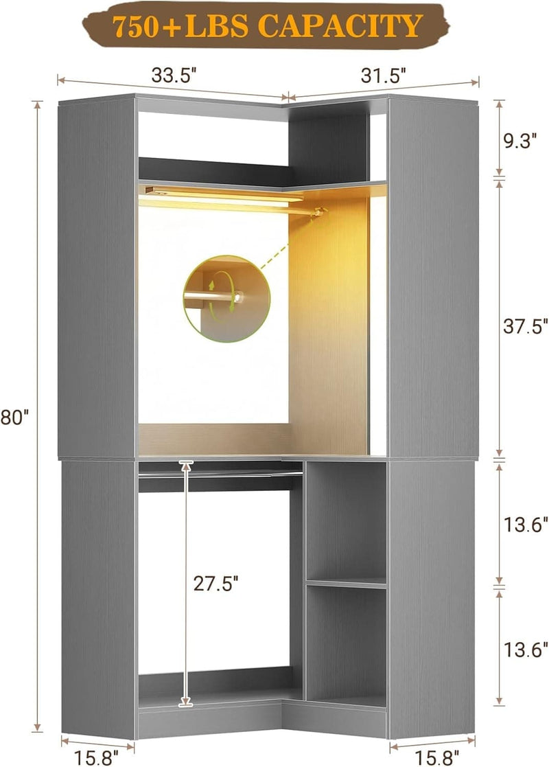 Corner Closet System With Shelves,LED Ligjt, 34'' Organizer With Hanging Rods, Wood Walk-in for Small Space, Freestanding Tower, L Shaped Garment Rack