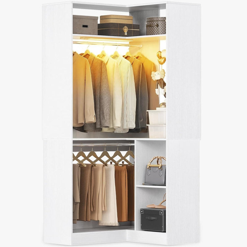 Corner Closet System With Shelves,LED Ligjt, 34'' Organizer With Hanging Rods, Wood Walk-in for Small Space, Freestanding Tower, L Shaped Garment Rack
