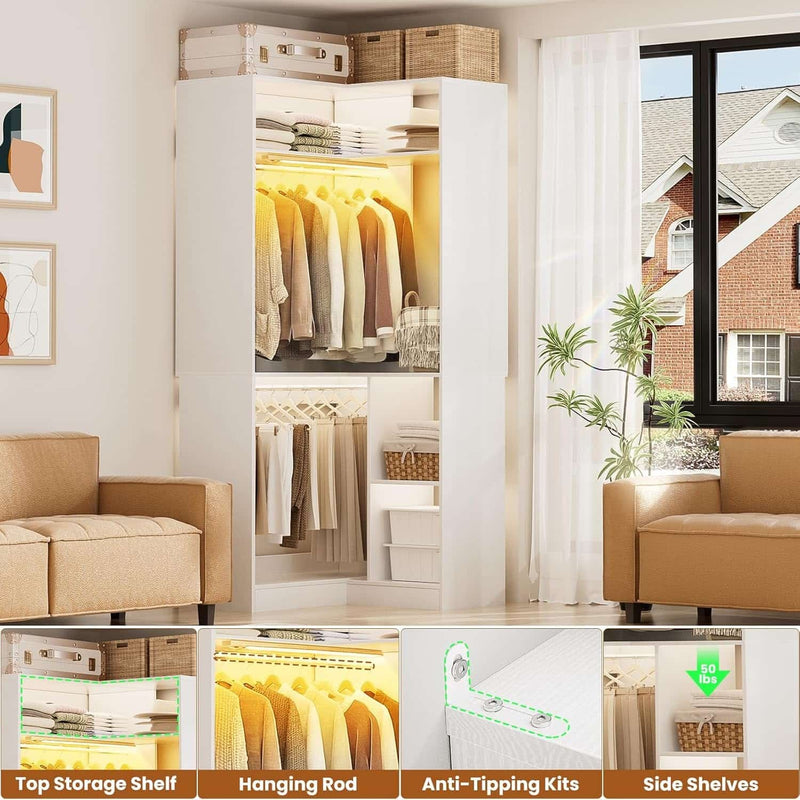 Corner Closet System With Shelves,LED Ligjt, 34'' Organizer With Hanging Rods, Wood Walk-in for Small Space, Freestanding Tower, L Shaped Garment Rack