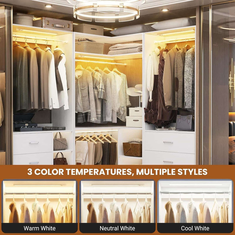 Corner Closet System With Shelves,LED Ligjt, 34'' Organizer With Hanging Rods, Wood Walk-in for Small Space, Freestanding Tower, L Shaped Garment Rack