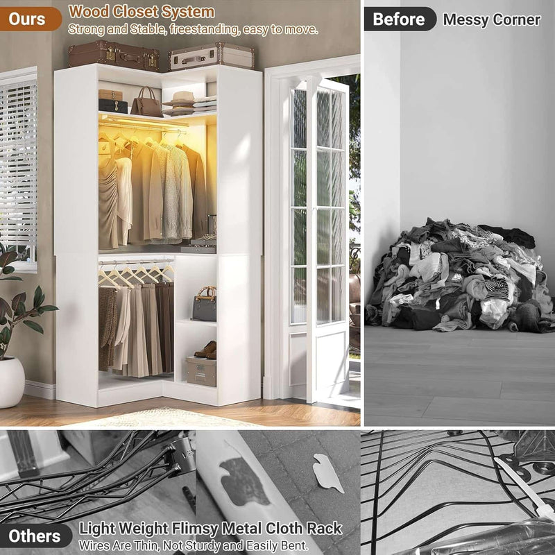 Corner Closet System With Shelves,LED Ligjt, 34'' Organizer With Hanging Rods, Wood Walk-in for Small Space, Freestanding Tower, L Shaped Garment Rack