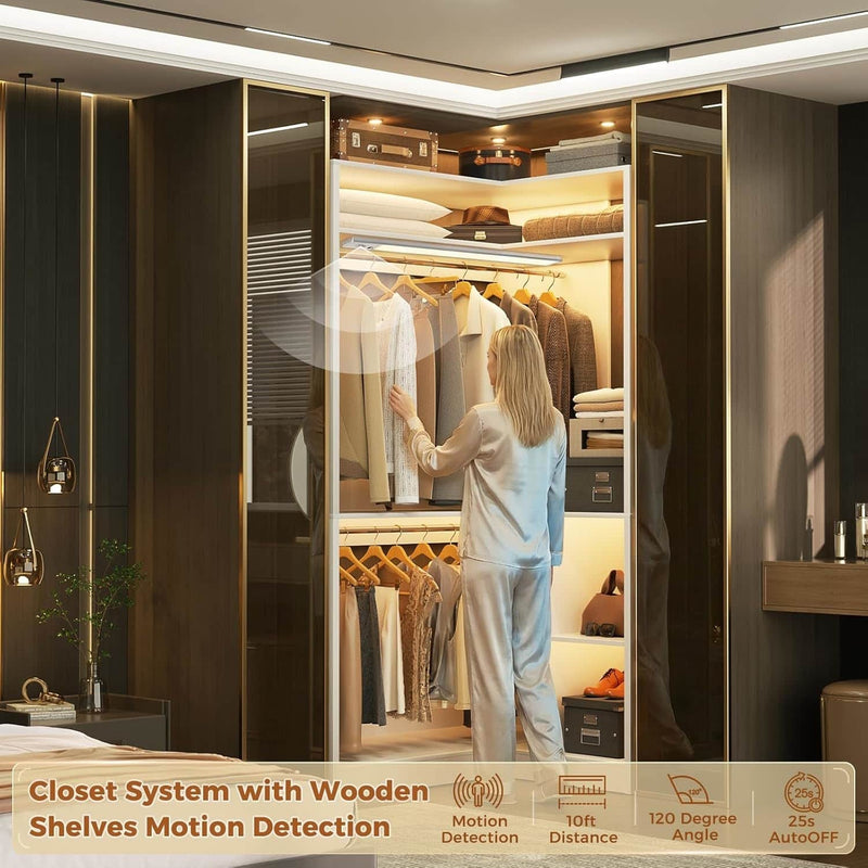 Corner Closet System With Shelves,LED Ligjt, 34'' Organizer With Hanging Rods, Wood Walk-in for Small Space, Freestanding Tower, L Shaped Garment Rack