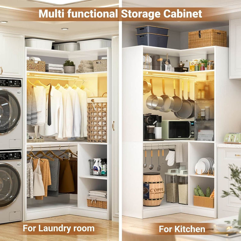 Corner Closet System With Shelves,LED Ligjt, 34'' Organizer With Hanging Rods, Wood Walk-in for Small Space, Freestanding Tower, L Shaped Garment Rack