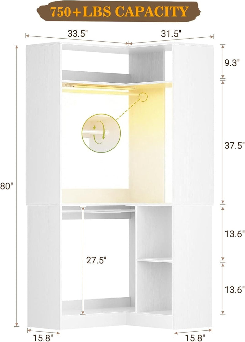 Corner Closet System With Shelves,LED Ligjt, 34'' Organizer With Hanging Rods, Wood Walk-in for Small Space, Freestanding Tower, L Shaped Garment Rack