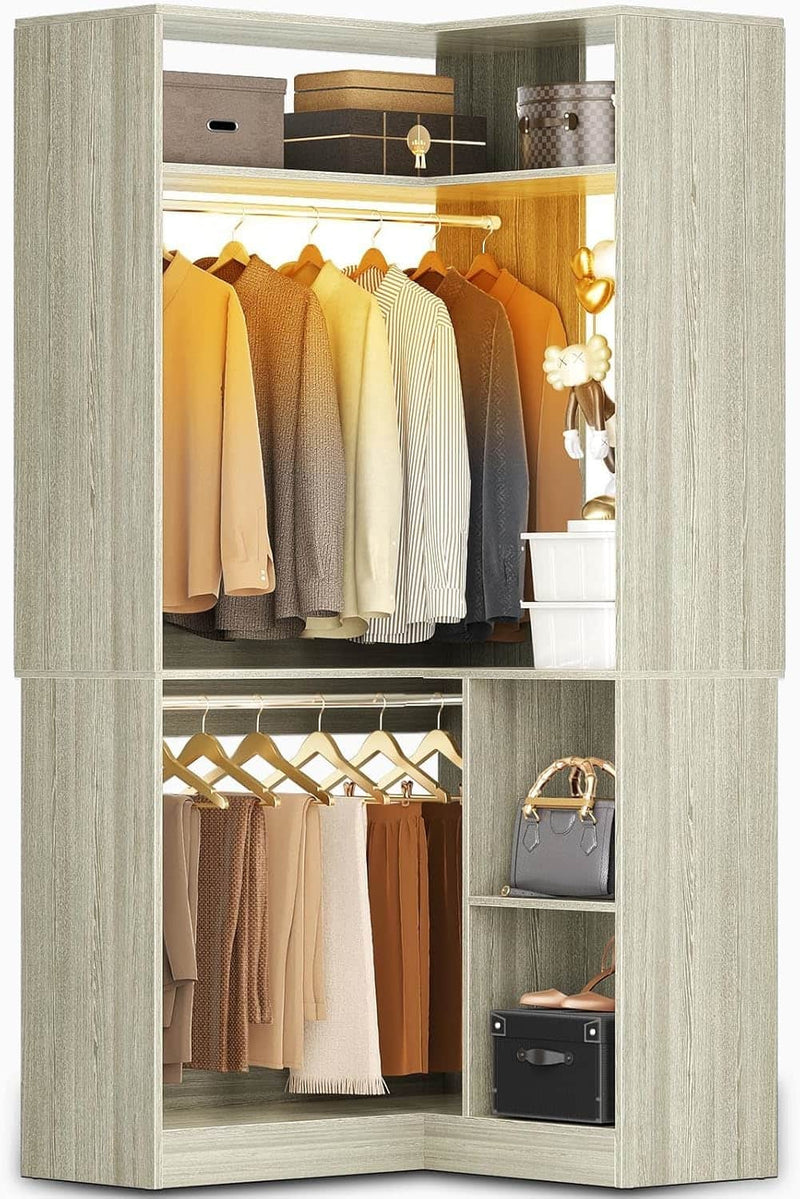 Corner Closet System With Shelves,LED Ligjt, 34'' Organizer With Hanging Rods, Wood Walk-in for Small Space, Freestanding Tower, L Shaped Garment Rack