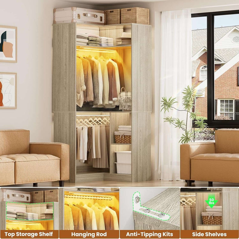 Corner Closet System With Shelves,LED Ligjt, 34'' Organizer With Hanging Rods, Wood Walk-in for Small Space, Freestanding Tower, L Shaped Garment Rack