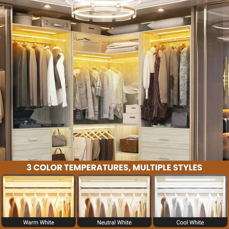 Corner Closet System With Shelves,LED Ligjt, 34'' Organizer With Hanging Rods, Wood Walk-in for Small Space, Freestanding Tower, L Shaped Garment Rack