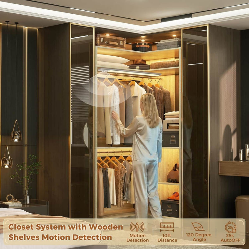 Corner Closet System With Shelves,LED Ligjt, 34'' Organizer With Hanging Rods, Wood Walk-in for Small Space, Freestanding Tower, L Shaped Garment Rack