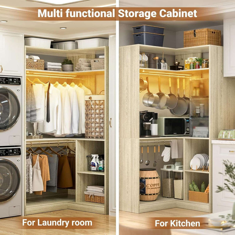 Corner Closet System With Shelves,LED Ligjt, 34'' Organizer With Hanging Rods, Wood Walk-in for Small Space, Freestanding Tower, L Shaped Garment Rack