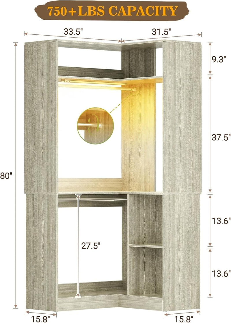 Corner Closet System With Shelves,LED Ligjt, 34'' Organizer With Hanging Rods, Wood Walk-in for Small Space, Freestanding Tower, L Shaped Garment Rack