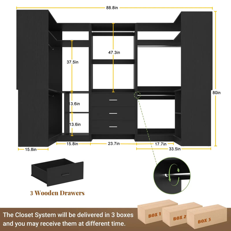 U-Shaped Heavy Duty Closet Organizer System with Drawers and Shelves, 3 Packs