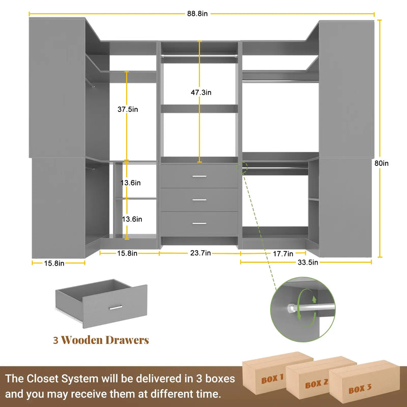 U-Shaped Heavy Duty Closet Organizer System with Drawers and Shelves, 3 Packs