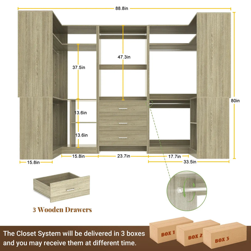 U-Shaped Heavy Duty Closet Organizer System with Drawers and Shelves, 3 Packs