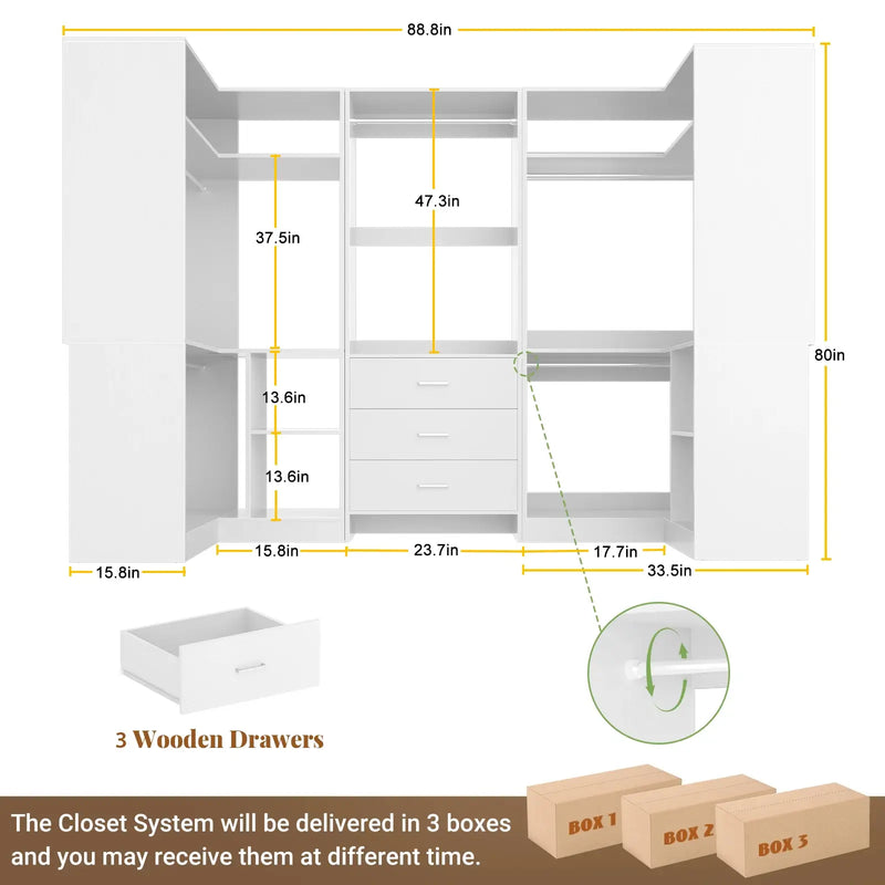 U-Shaped Heavy Duty Closet Organizer System with Drawers and Shelves, 3 Packs