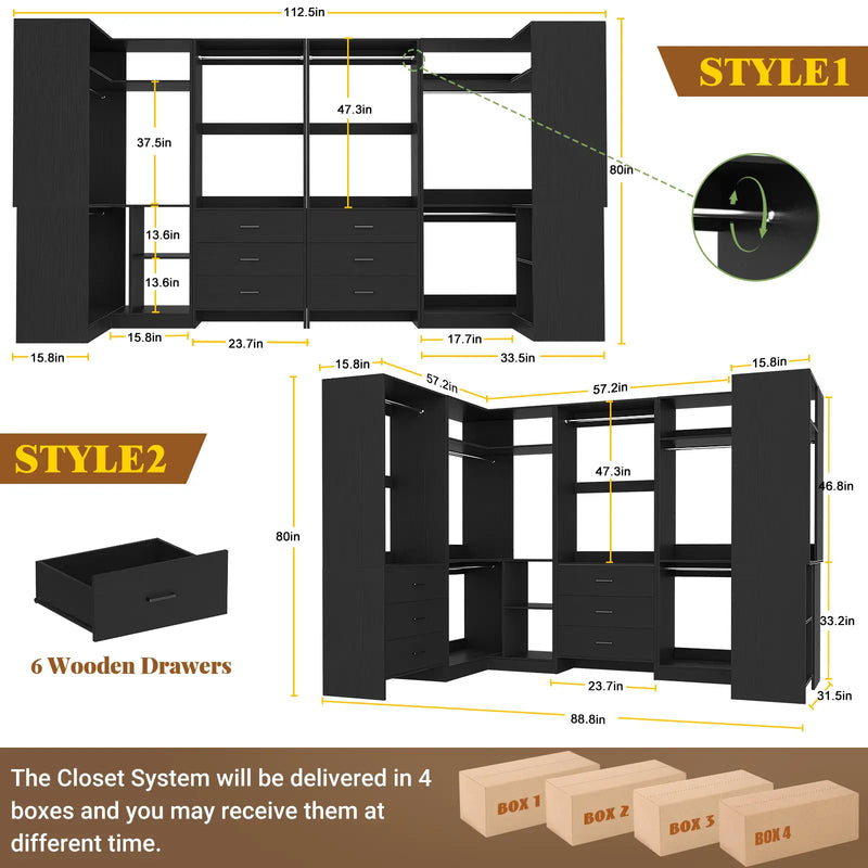U-Shaped Heavy Duty Closet Organizer with Drawrs and Shelves, 4-Piece Set