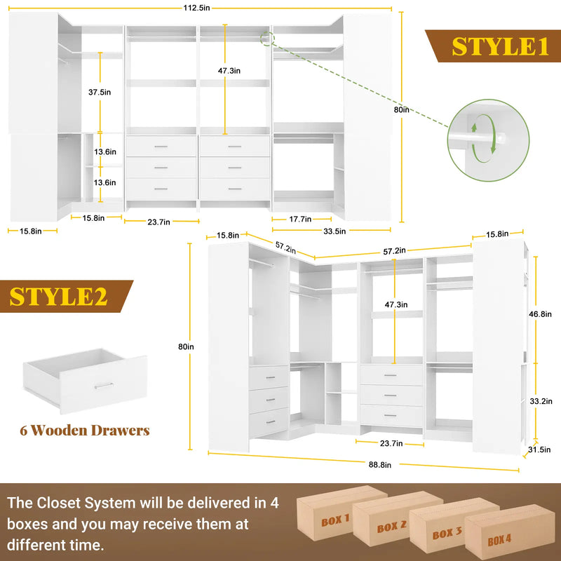 U-Shaped Heavy Duty Closet Organizer with Drawrs and Shelves, 4-Piece Set
