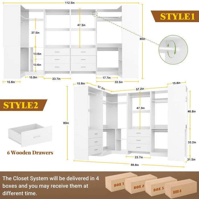 U-Shaped Heavy Duty Closet Organizer with Drawrs and Shelves, 4-Piece Set