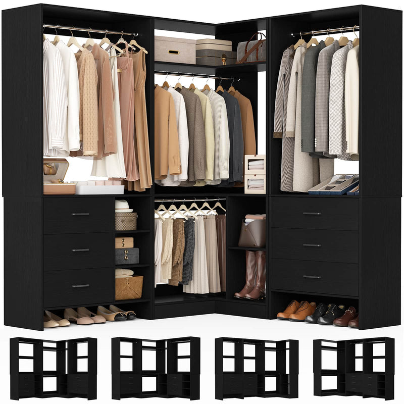 Closet System with 3 Sets, 84.6''Closet Organizer System with 6 Drawers & 4 Hanging Rods, L Shaped Walk-in Closets