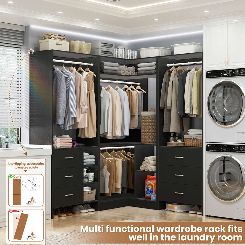 Closet System with 3 Sets, 84.6''Closet Organizer System with 6 Drawers & 4 Hanging Rods, L Shaped Walk-in Closets