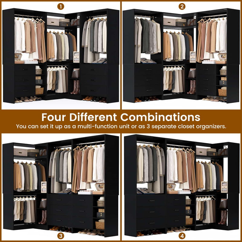Closet System with 3 Sets, 84.6''Closet Organizer System with 6 Drawers & 4 Hanging Rods, L Shaped Walk-in Closets