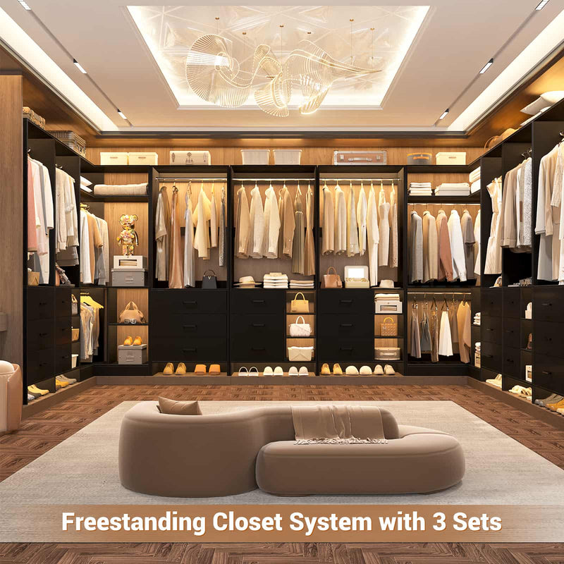 Closet System with 3 Sets, 84.6''Closet Organizer System with 6 Drawers & 4 Hanging Rods, L Shaped Walk-in Closets