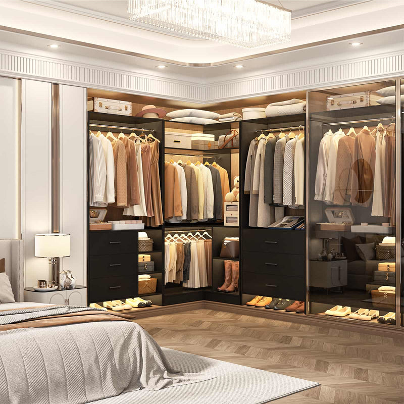 Closet System with 3 Sets, 84.6''Closet Organizer System with 6 Drawers & 4 Hanging Rods, L Shaped Walk-in Closets