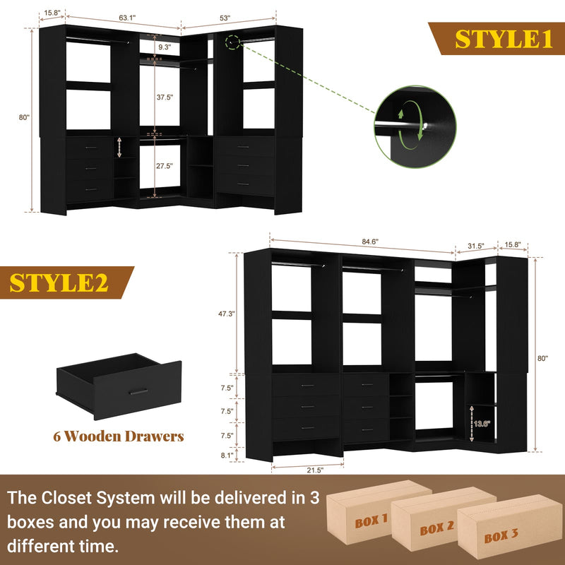 Closet System with 3 Sets, 84.6''Closet Organizer System with 6 Drawers & 4 Hanging Rods, L Shaped Walk-in Closets