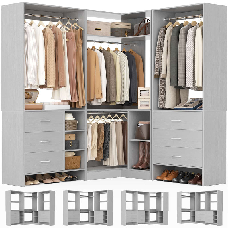 Closet System with 3 Sets, 84.6''Closet Organizer System with 6 Drawers & 4 Hanging Rods, L Shaped Walk-in Closets