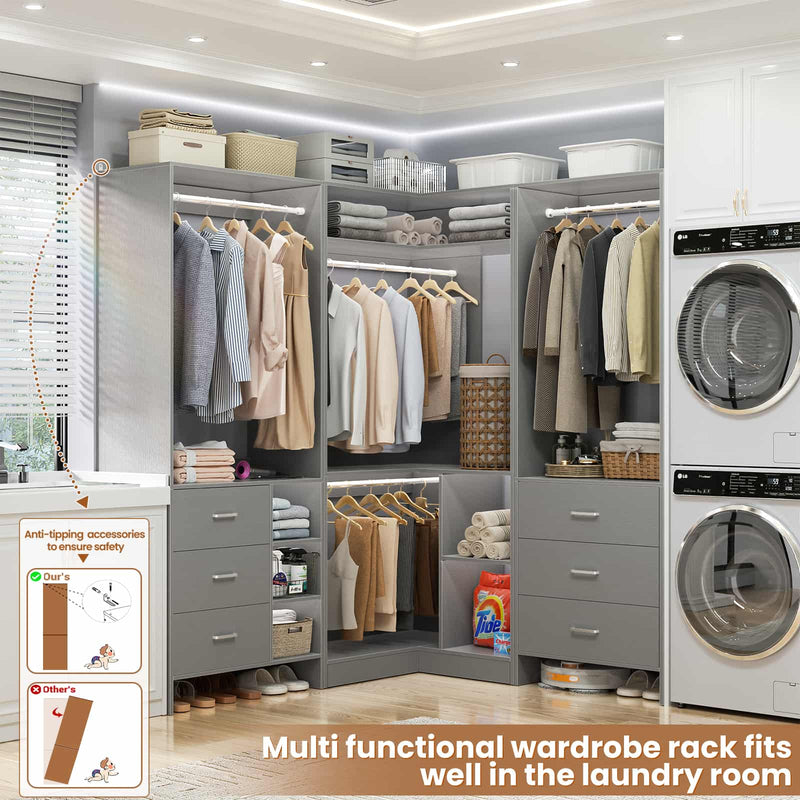 Closet System with 3 Sets, 84.6''Closet Organizer System with 6 Drawers & 4 Hanging Rods, L Shaped Walk-in Closets