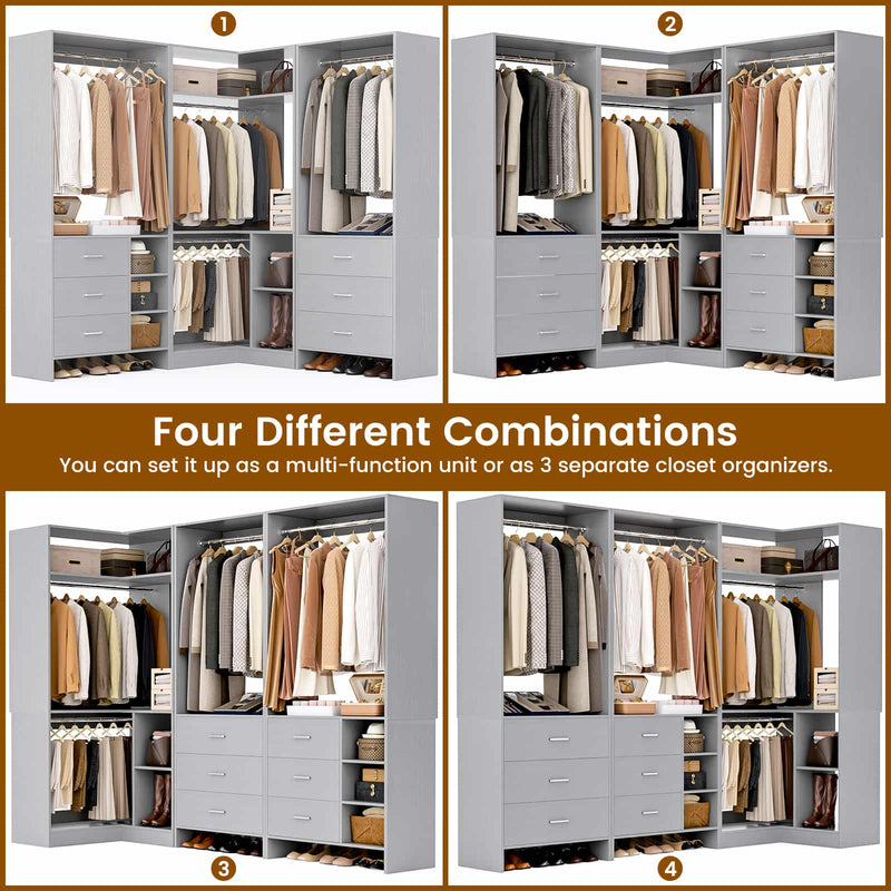 Closet System with 3 Sets, 84.6''Closet Organizer System with 6 Drawers & 4 Hanging Rods, L Shaped Walk-in Closets
