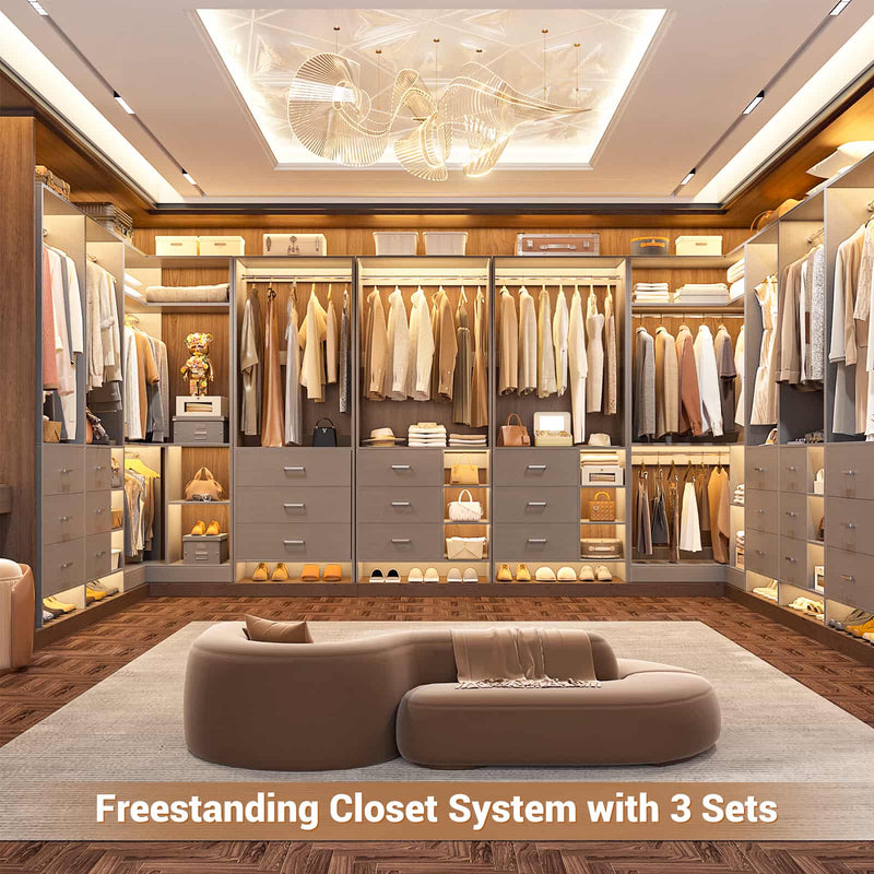 Closet System with 3 Sets, 84.6''Closet Organizer System with 6 Drawers & 4 Hanging Rods, L Shaped Walk-in Closets