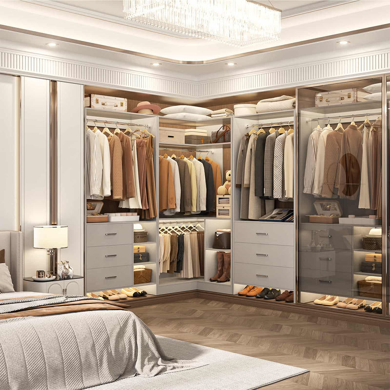Closet System with 3 Sets, 84.6''Closet Organizer System with 6 Drawers & 4 Hanging Rods, L Shaped Walk-in Closets