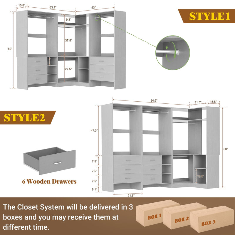 Closet System with 3 Sets, 84.6''Closet Organizer System with 6 Drawers & 4 Hanging Rods, L Shaped Walk-in Closets